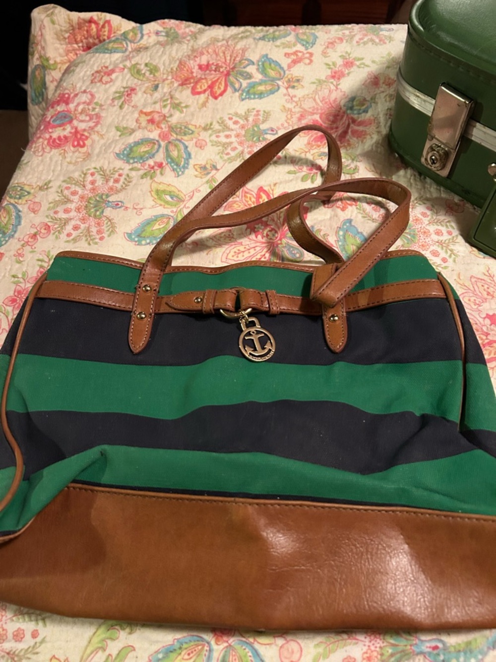 Tommy Hilfiger Navy and Green Striped Shoulder Tote with Brown Trim